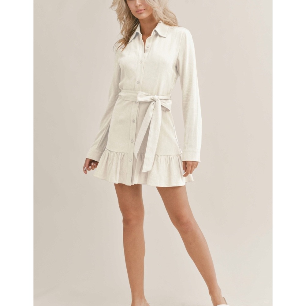 Sage the Label Ivory White Shirt‎ Dress Ruffle Hem Mini Dress Size S